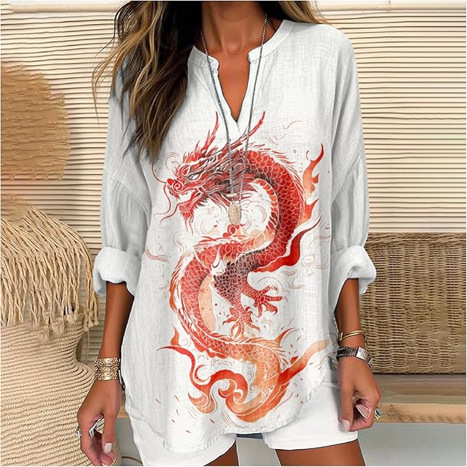 MARSVOVO V Neck Shirt For Women Boho Multi Style Blouse Long Sleeve Novelty Graphic Plus Size Pullover Tops For Women