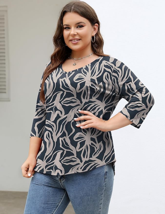 TFSDOD Womens Plus Size Tops V Neck T Shirts 3/4 Sleeve Blouse Summer Casual Tees XL-5X