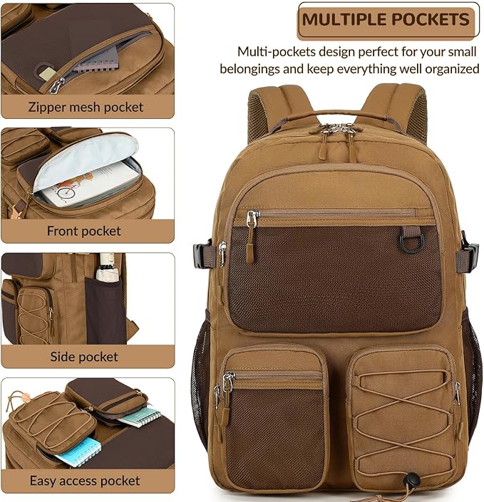 Lohol Water Resistant Daypack with Mulitiple Pockets for Travel Outdoor College, 15.6 inch Laptop Backpack for Men and Women (Brown)