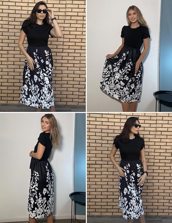 Zeagoo Womens Midi Dress Summer Short Sleeve Dress with Pockets 2025 Casual Floral T-Shirt Dress Flowy Beach Sundress