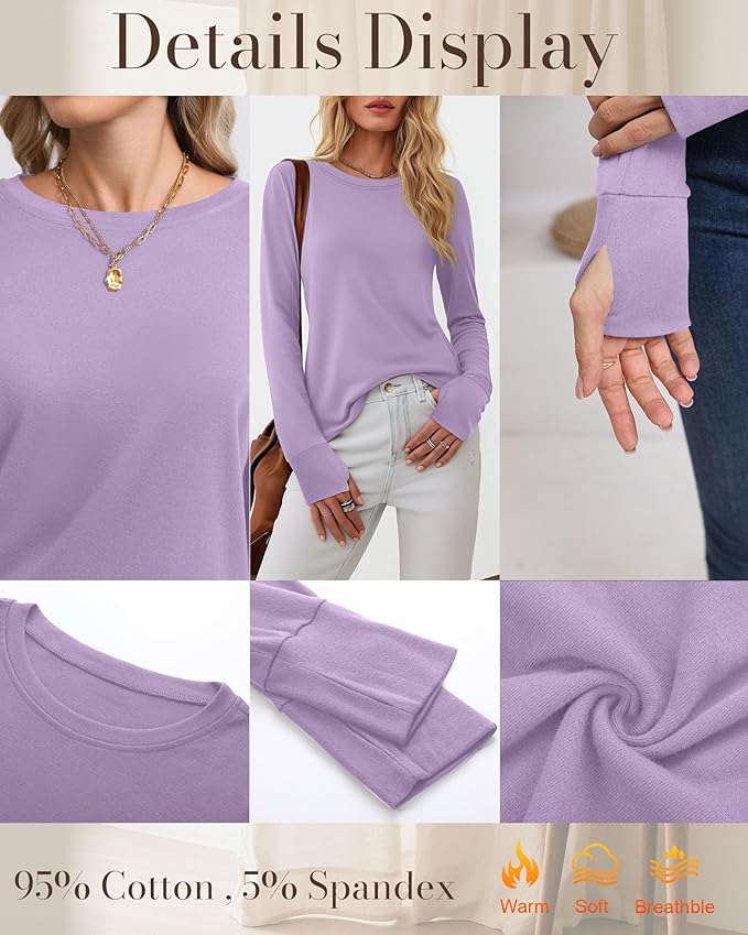 Huukeay 3 Pack Women's Long Sleeve Shirts with Thumb Holes, Cotton Casual Crew Neck Tunic Tops Fall Loose Y2k Trendy Outfits