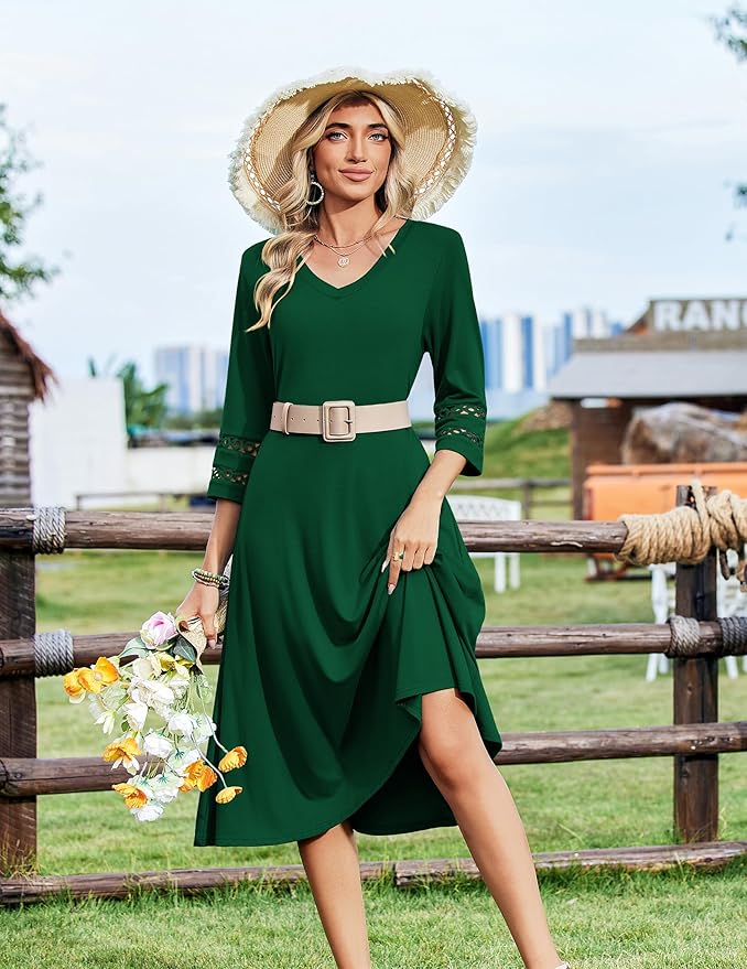 Zeagoo Women's Dresses 3/4 Sleeve Summer Casual V-Neck A Line Flowy Eyelet Midi Dress for Women Beach Vacation Sundress