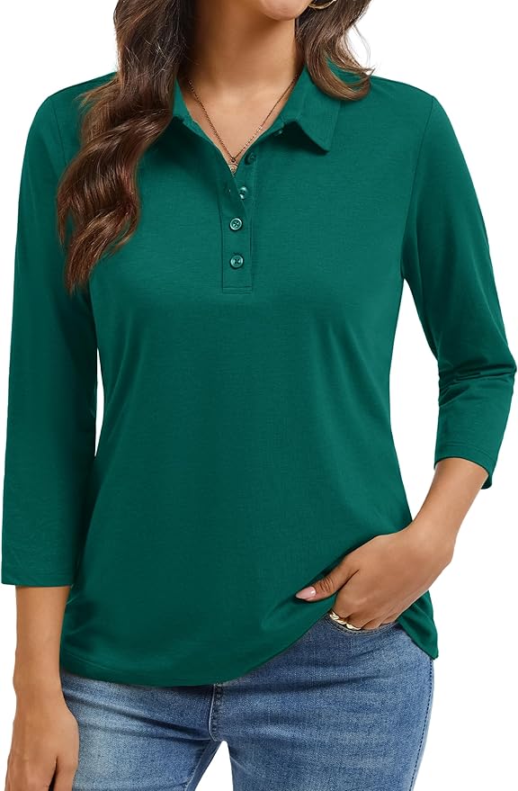 YUCOLEN Polo Shirts for Women 3/4 Sleeve Tops Golf Tees 5-Button Collared Cotton Shirt Business Casual