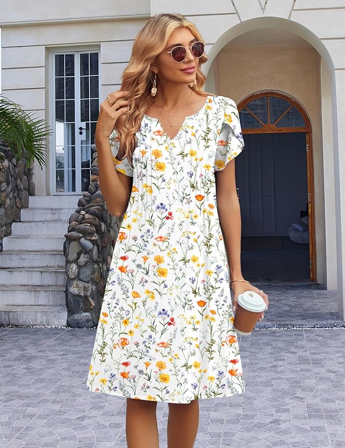 Zeagoo Women's Casual Dresses with Pockets Summer Floral V-Neck A-Line Tshirt Dress Short Sleeve Mini Dress Beach Sundress