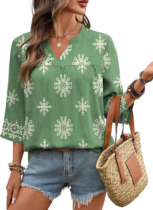 Rapbin Womens 3/4 Sleeve V Neck Floral Print Pleated Blouses for Women Dressy Casual Loose Fit Tops