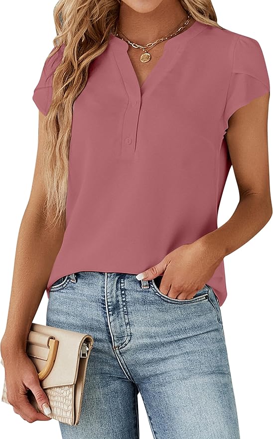 Blooming Jelly Women's Dressy Casual Tops Business Work Blouses White Button Down Shirts Cap Sleeve V Neck Tshirt