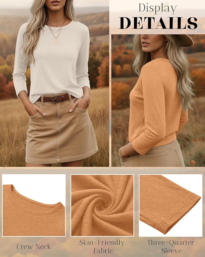 Ficerd 3 Pack 3/4 Sleeve Tops for Women Round Neck Dressy Basics Tees Casual Trendy Loose Fit T Shirts