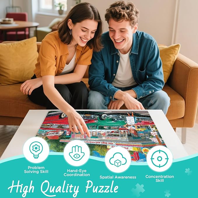 500 Pieces Jigsaw Puzzles, Retro Style 500 Piece Puzzles for Adults, Car and Food Station Jigsaw Puzzles, Interlock Perfectly Letter on Back, Home Decor Birthday Party Gift Toy Age 12+, 20.5 x 15 in