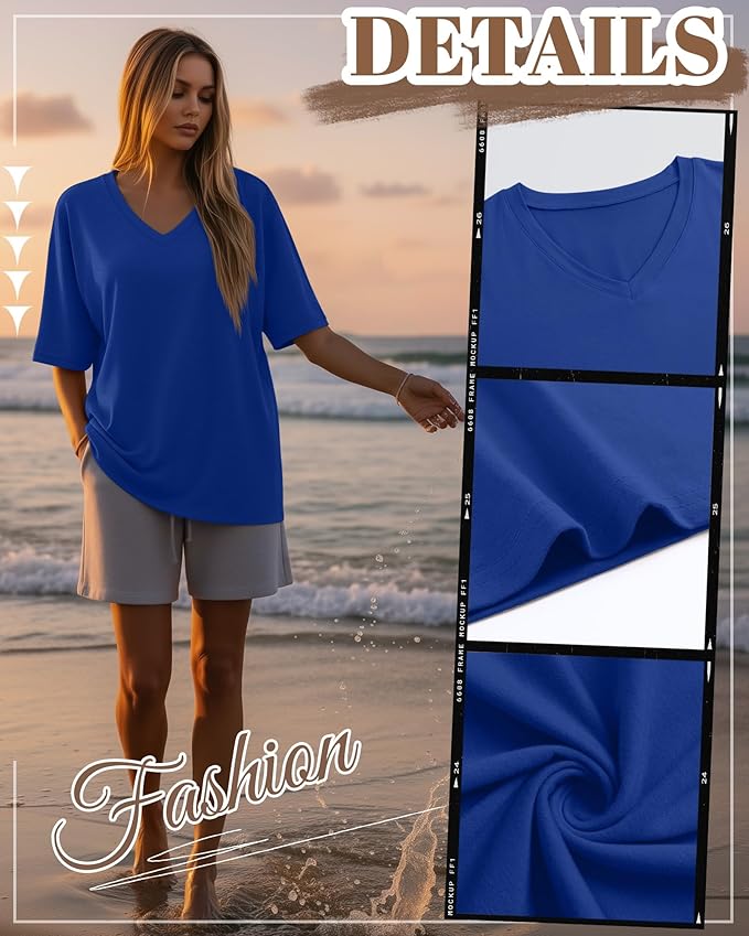 Huukeay Women's Cotton Oversized T Shirts 3 Pack V Neck Loose Fit Half Sleeve Tops Baggy Casual Summer Gym Workout Tees 2026