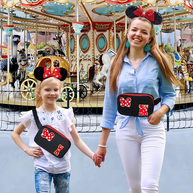 Chenille Initial Letter Bow Mouse Fanny Pack, Waterproof Park Crossbody Bag Christmas Birthday Gifts for Teen Girls Daughter Women Kids Adults, Cute Belt Bag Must Haves for Park Travel (H, Black)