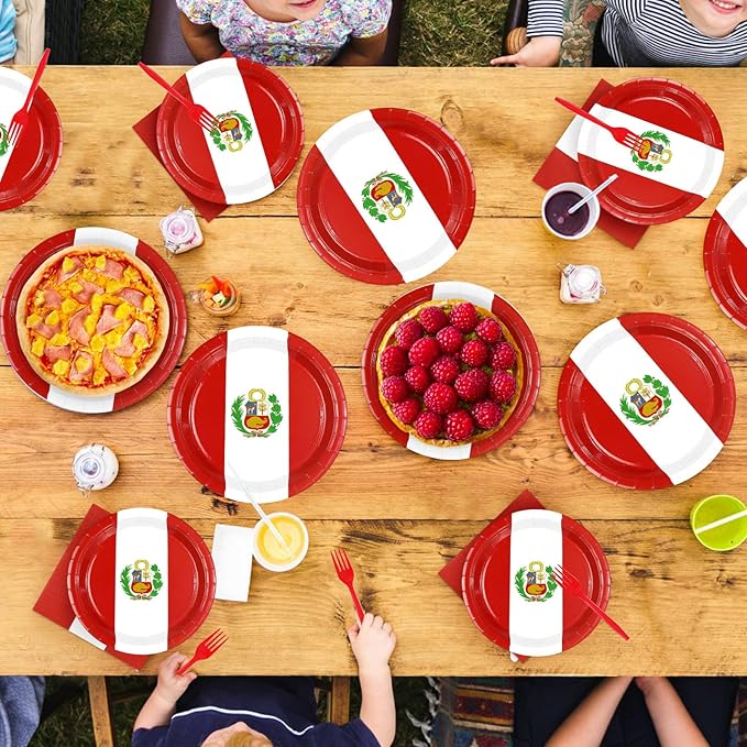 Greencian 96Pcs Peru Flag Party Supplies Peruvian National Day Plates and Napkins Peru Red and White Tableware Set for Peruvian National Sports Events Patriotic Festival Party Decorations，Serves 24