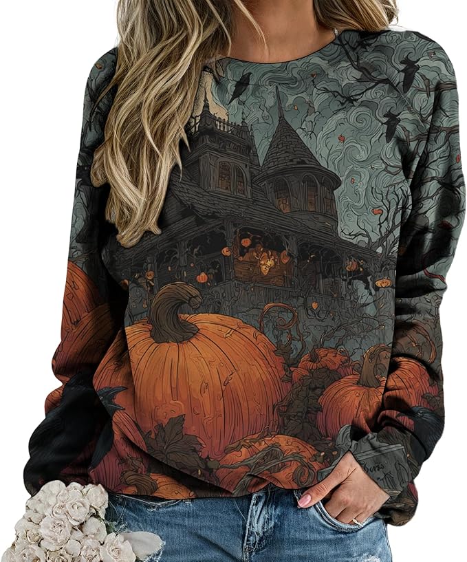 domirica Halloween Sweatshirt For Women Long Sleeve Crew Neck Sweatshirts Fall Halloween Costumes For Holiday Party 2025