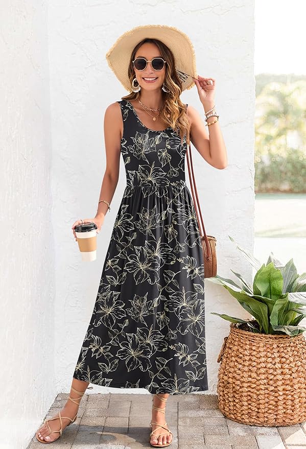 WNEEDU Women's Summer Maxi Dress 2026 Casual Sleeveless Hawaiian Sundress Tropical Long Dress Beach Vacation Outfit