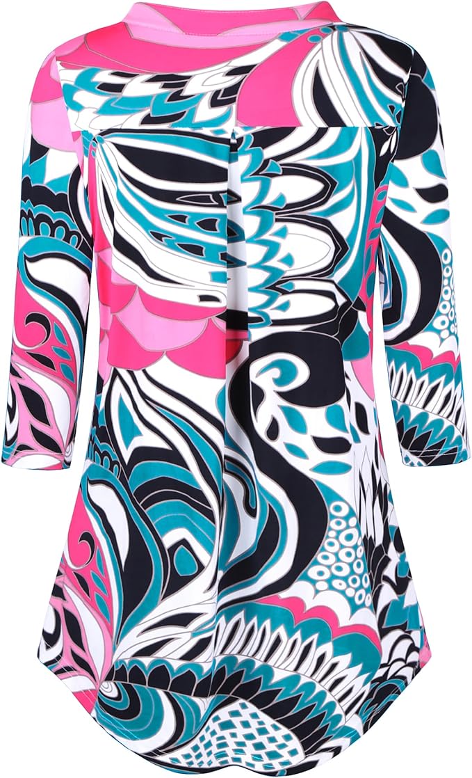 BAISHENGGT 3/4 Sleeve Tops for Women Notch V Neck Floral Work Blouses Dressy Casual Loose Fit Going Out Tunic Tops