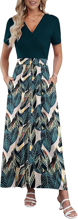 AUSELILY Maxi Dresses for Women Ankle Length Floral Print Beach Long Flowy Dress with Pockets