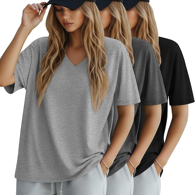 Huukeay Women's Cotton Oversized T Shirts 3 Pack V Neck Loose Fit Half Sleeve Tops Baggy Casual Summer Gym Workout Tees 2026