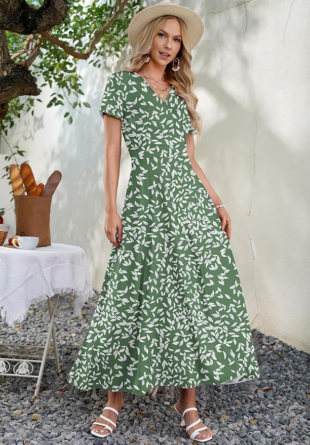 AUSELILY Maxi Dresses for Women Ankle Length Floral Print Beach Long Flowy Dress with Pockets