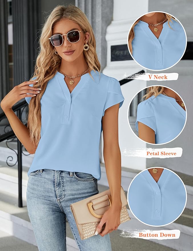 Blooming Jelly Women's Dressy Casual Tops Business Work Blouses White Button Down Shirts Cap Sleeve V Neck Tshirt