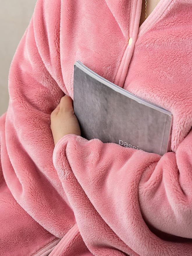 Mellowdy Shawl Blanket Pillow 2-in-1 with Sleeves for Office, Work, Home (Blossom Pink, 40x60) - Wearable Adult Snuggie Coat Poncho, Airplane Travel Set, Fleece Shoulder Wrap for Men and Women