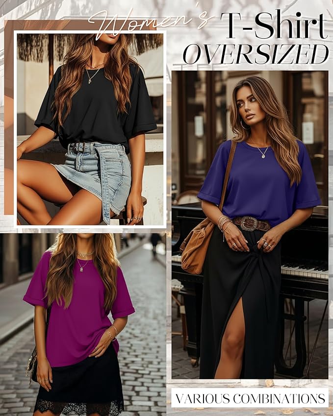 Riyiper 3 Pack Women's Oversized T-Shirt Half Sleeve Summer Tees Casual Loose Fit Crew Neck Basic Tops