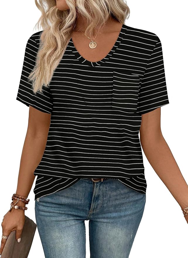 WIHOLL Women Summer T Shirts Short Sleeve Rounded V Neck Pocket Tee Tops