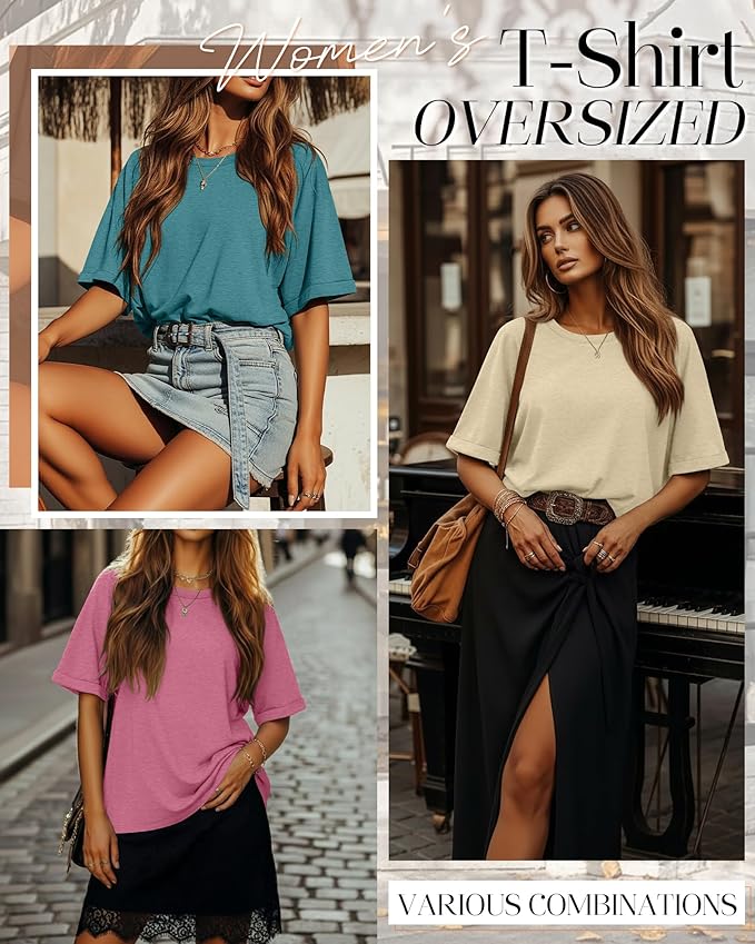 Riyiper 3 Pack Women's Oversized T-Shirt Half Sleeve Summer Tees Casual Loose Fit Crew Neck Basic Tops