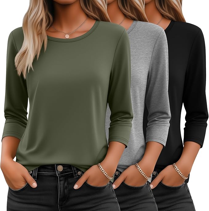 Ficerd 3 Pack 3/4 Sleeve Tops for Women Round Neck Dressy Basics Tees Casual Trendy Loose Fit T Shirts