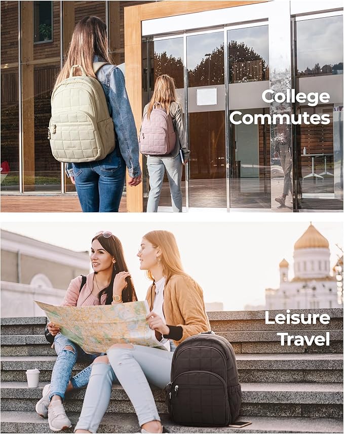 BAGSMART College Laptop Backpack, Travel Laptop Backpack for Women, Quilted Casual Daypack, Water-Resistant Bookbag for 15.6 Inch Laptop, Beige