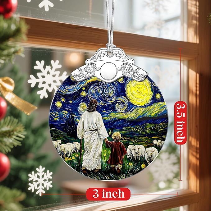 Jesus & Child Starry Night Stained Glass Ornament – Religious Christmas Ornament, Christian Christmas Decoration, Religious Gifts for Her or Him, Gifts for Christians, Friends or Loved Ones