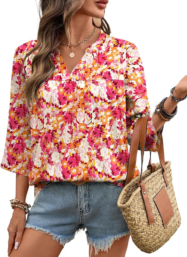 Rapbin Womens 3/4 Sleeve V Neck Floral Print Pleated Blouses for Women Dressy Casual Loose Fit Tops