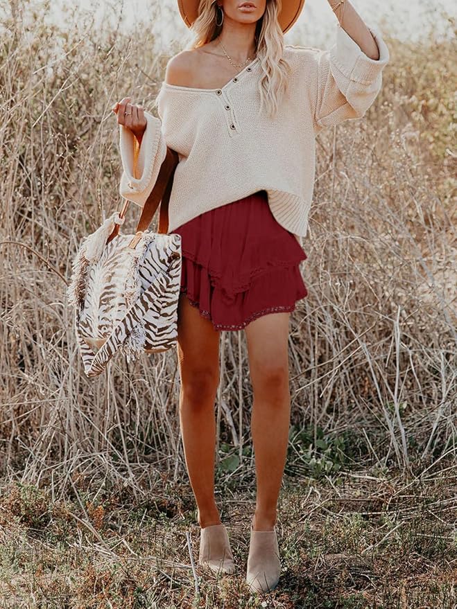 Aoudery Flowy Shorts for Women Casual Boho Ruffle Tiered Skorts High Waist Mini Skirts Golf Tennis Crochet Shorts