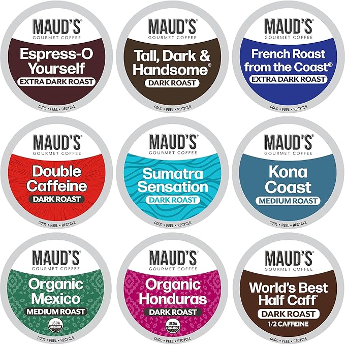 Maud's Bold Dark Roast Coffee Pods Variety Pack, 40 ct, 9 Assorted Dark Roast Flavors in Recyclable Single Serve Pods – 100% Arabica Coffee, Compatible with Keurig K Cups Maker