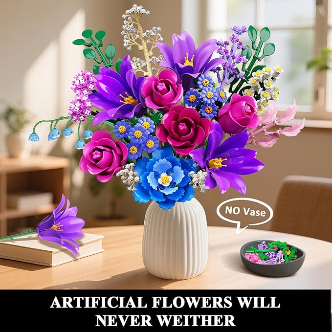 CUBIMANA Valentines Flowers Bouquet Building Set with LED Light, 21 Flower Botanical Collection Block Toy, Rose Lily Home Plant Decor 1054PCS, Gifts for Her Adults Women Mom Kids Girls 12+ (Purple)