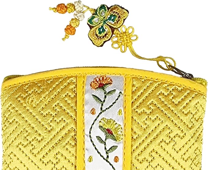 Seoulful Vintage Korean Embroidered Card Pouch - Wildflower Design Coin Purse with Butterfly Charm - Traditional Korean New Year's Gifts (Yellow)