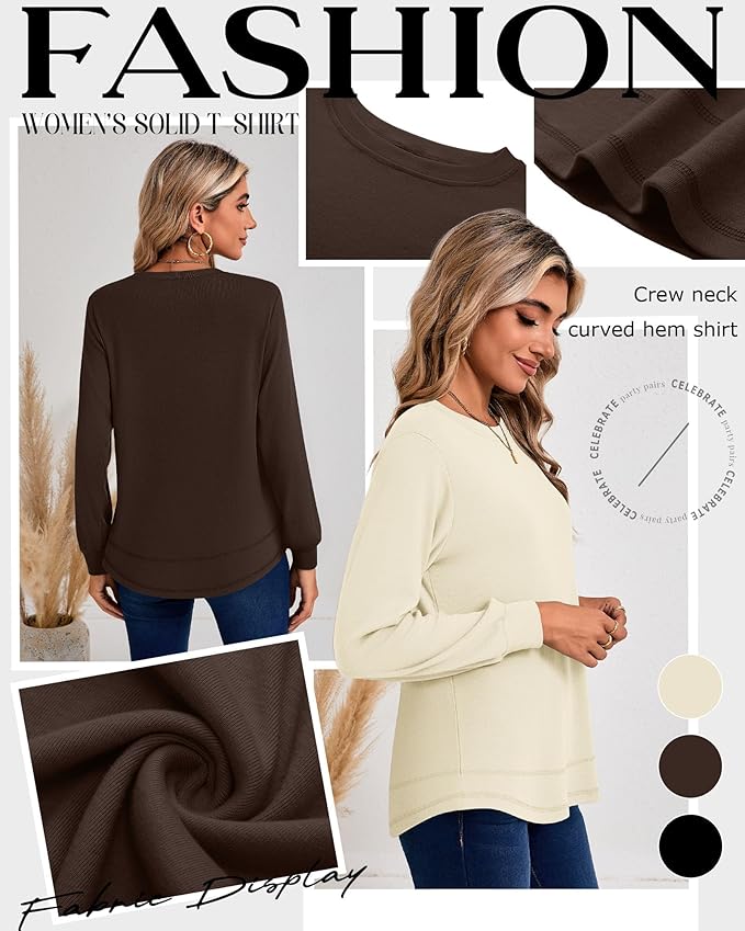 Ficerd 3 Pack Women's Long Sleeve Shirts, Cotton Crew Neck Tunic Tops Casual Loose Fit Pullover Sweatshirts Curved Hem Shirts