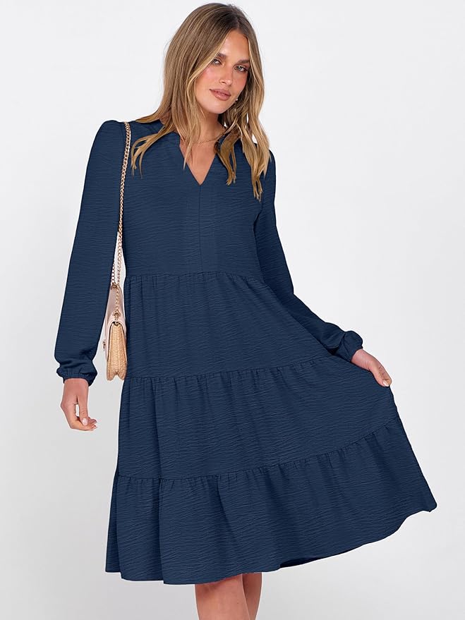 ANRABESS Womens Fall Midi Dresses Long Sleeve V Neck Swing Tiered Work Business Casual 2026 Flowy Beach Vacation Dress