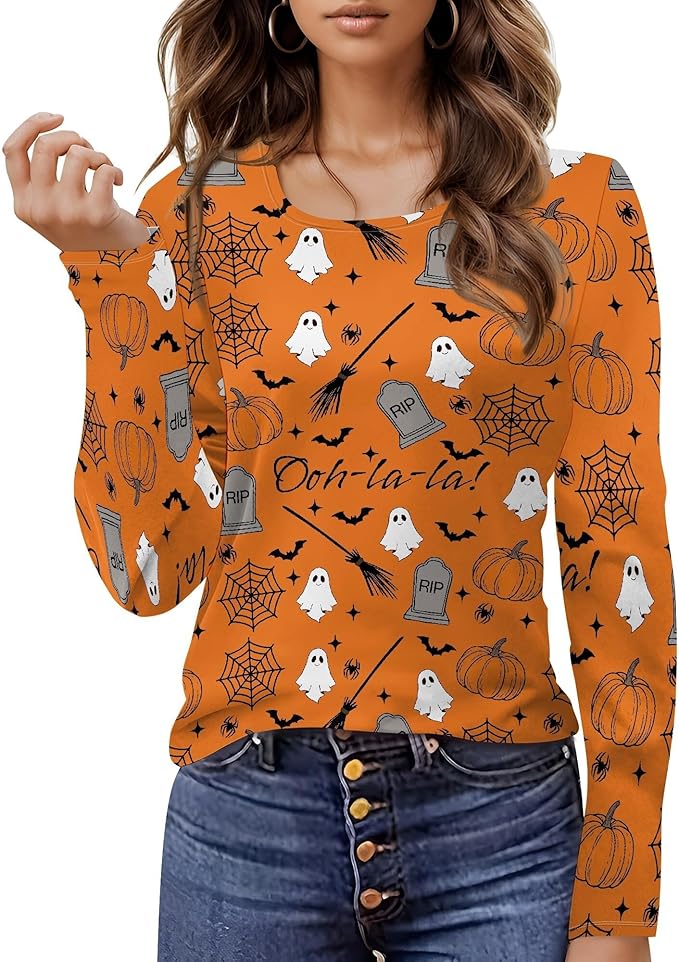 domirica Halloween Sweatshirts For Women Cute Pullover Fall Long Sleeve Pullover U-Neck Halloween Crazy Party Club Clothes