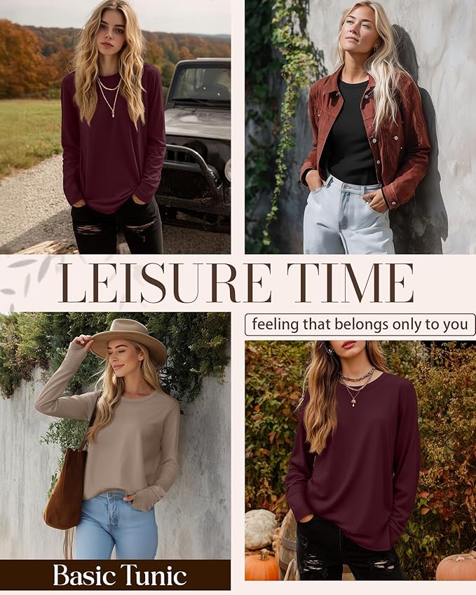 Huukeay 3 Pack Women's Long Sleeve Shirts with Thumb Holes, Cotton Casual Crew Neck Tunic Tops Fall Loose Y2k Trendy Outfits