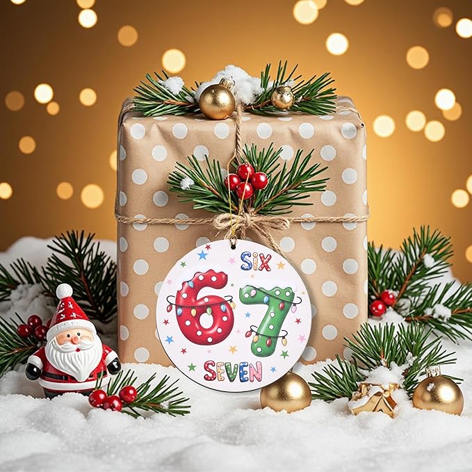 67 Funny Christmas Ornament – 67 Meme Six Seven Teen Slang Ornament, Double-Sided Wood UV Print 10cm Round Xmas Tree Decor, Viral Meme Gift for Teen Boys Girls Gen Z