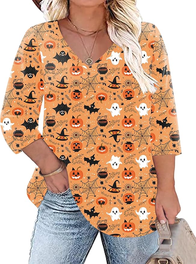 TFSDOD Womens Plus Size Tops V Neck T Shirts 3/4 Sleeve Blouse Summer Casual Tees XL-5X