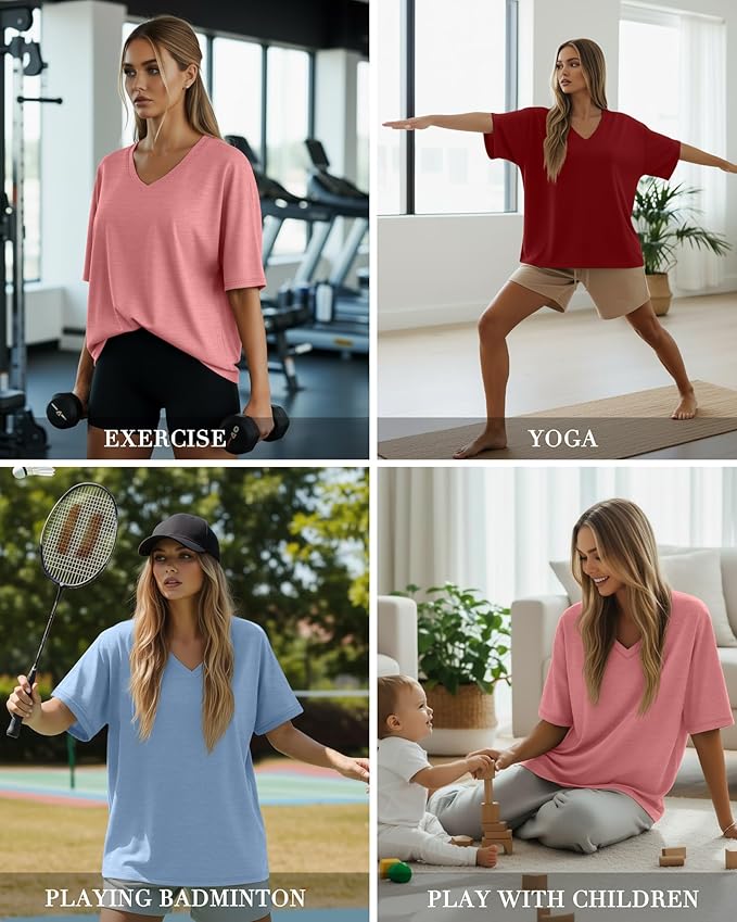 Huukeay Women's Cotton Oversized T Shirts 3 Pack V Neck Loose Fit Half Sleeve Tops Baggy Casual Summer Gym Workout Tees 2026