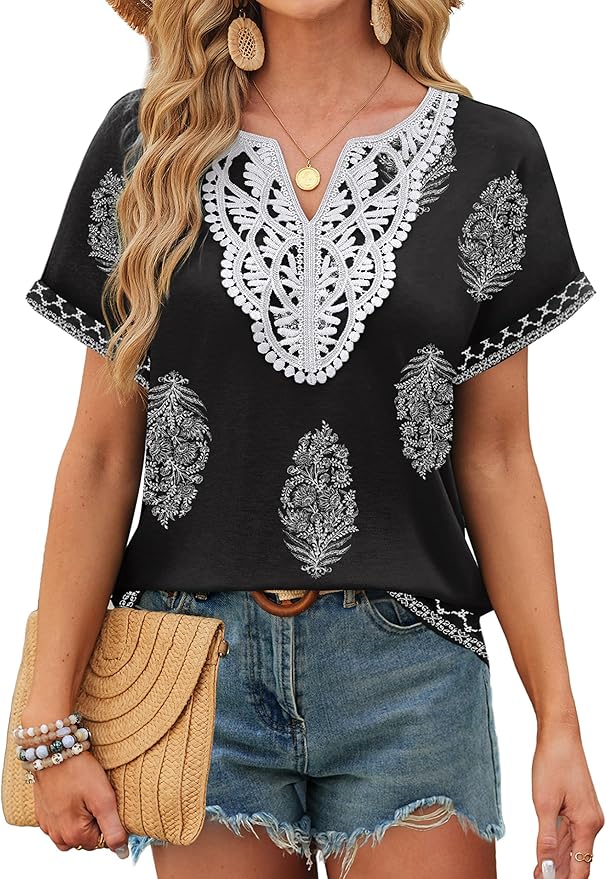 Sipaya Womens Blouses Dressy Casual Summer Shirts Short Sleeve Lace Front Boho Tunic Tops for Leggings Fashion Clothes