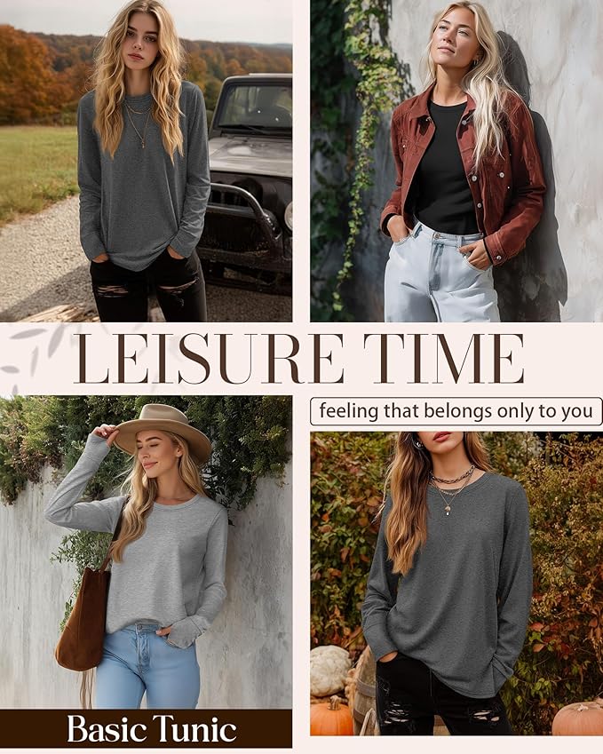 Huukeay 3 Pack Women's Long Sleeve Shirts with Thumb Holes, Cotton Casual Crew Neck Tunic Tops Fall Loose Y2k Trendy Outfits