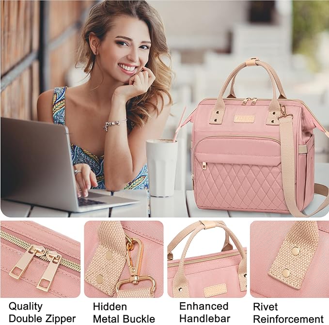 AIJIEKE Lunch Bag for Women, Leakproof & Insulated Work Lunch Box Tote, Reusable Adult Cooler Bag with Water Bottle Side Pocket & Removable Shoulder Strap, Pink