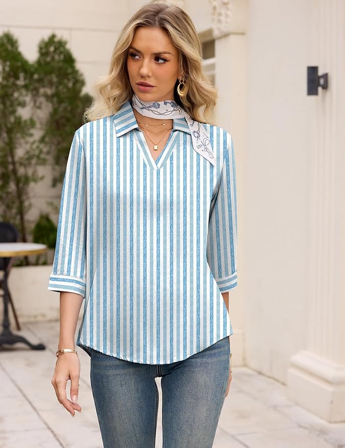 LOMON Womens 3/4 Sleeve Tops V Neck Cotton Linen Work Blouse Polo Shirts for Women Business Casual 2026