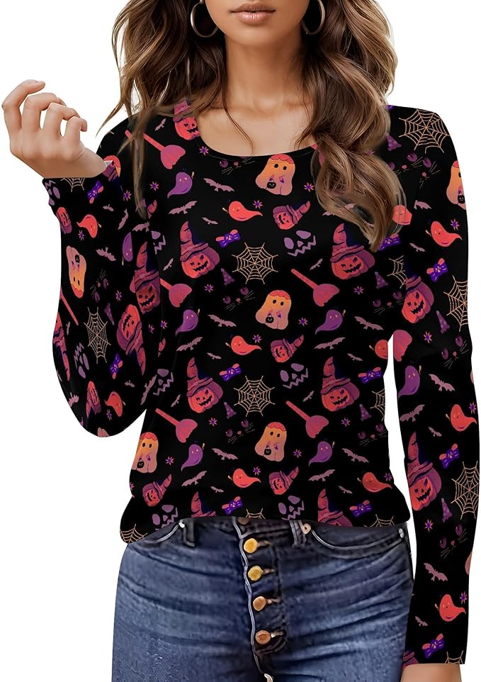 domirica Halloween Sweatshirts For Women Cute Pullover Fall Long Sleeve Pullover U-Neck Halloween Crazy Party Club Clothes