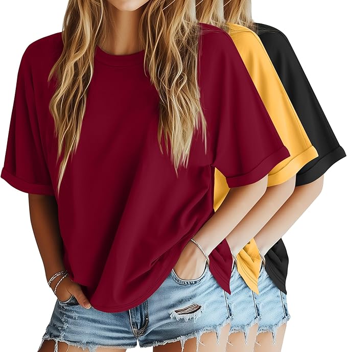 Riyiper 3 Pack Women's Oversized T-Shirt Half Sleeve Summer Tees Casual Loose Fit Crew Neck Basic Tops