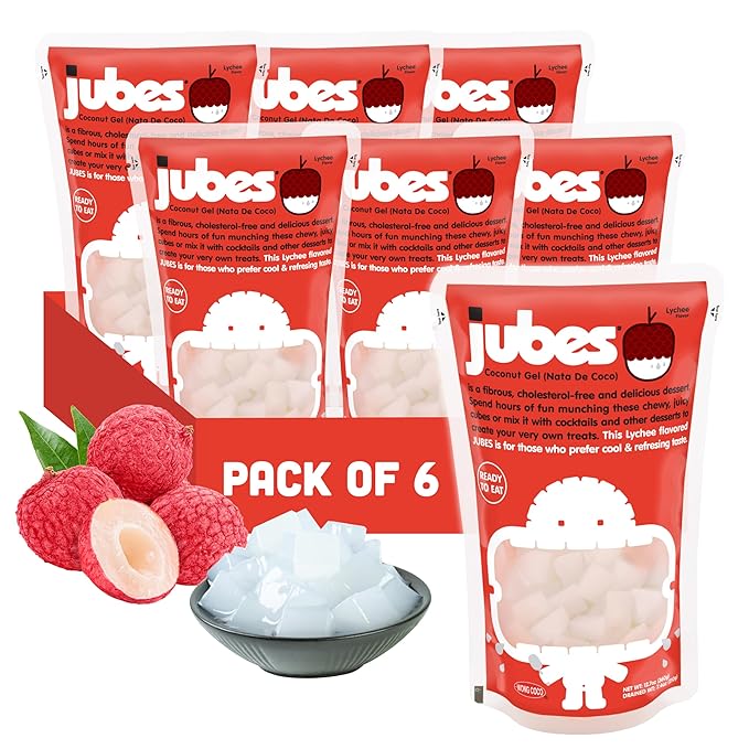 Jubes Lychee Nata De Coco Jelly Cubes (12.7 oz, Pack of 6) - Lychee Coconut Jelly Cubes for Sago - Coconut Gel in Syrup Toppings for Fruit Tea, Boba, Bubble Tea, Drinks, Desserts Yogurt, Ice Cream, Beverage