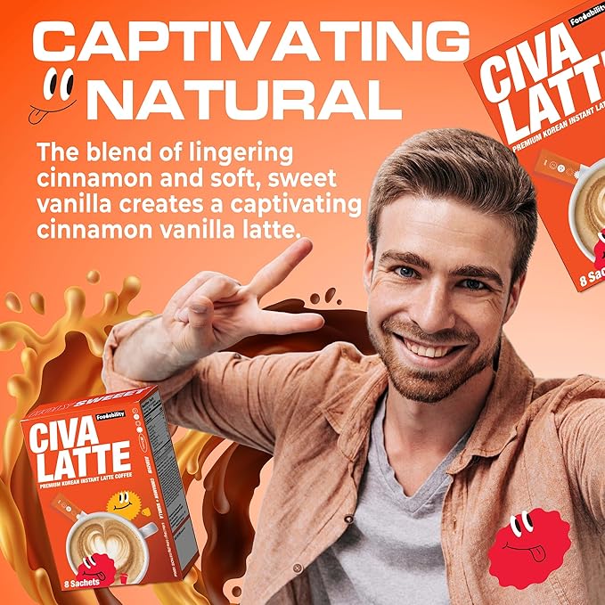 CIVA LATTE Korean Instant 3-in-1 Cinnamon Latte Coffee, Premium Vanilla Mix- Freeze Dried Beans & Himalayan Pink Salt, Smooth Medium Roast, No Trans Fat, Café Style Single Serve Sticks 8 Packets