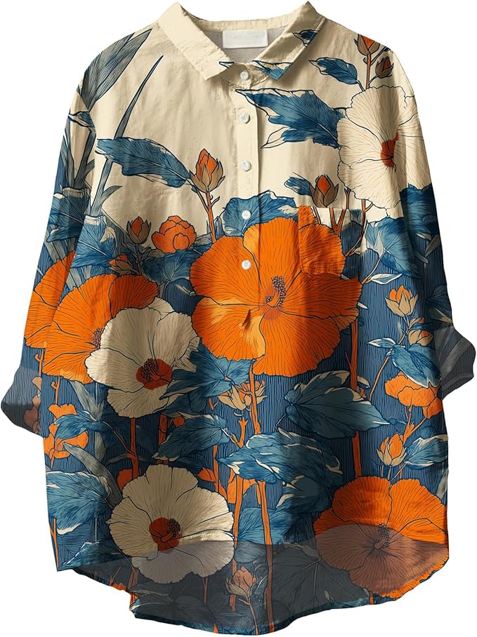 Womens Boho Tops 3/4 Long Sleeve Floral Blouses Hawaii Beach Button Down Shirts V Neck Pullover Casual Tunics